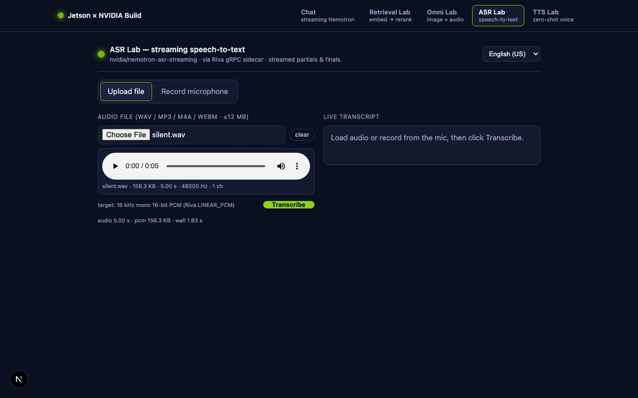 Next.js ASR Lab UI with Speech-to-Text Transcription